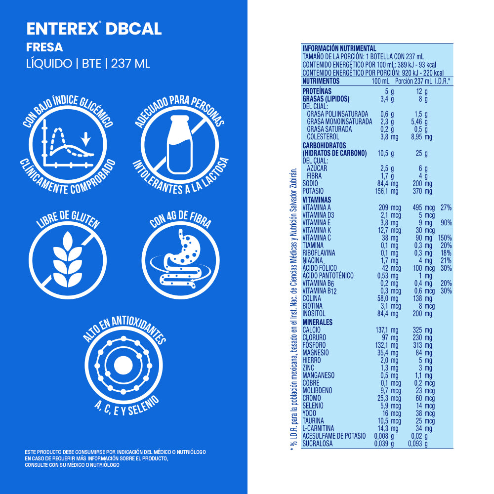 Enterex DBCAL Fresa Liquido 237ml, caja con 16 botellas