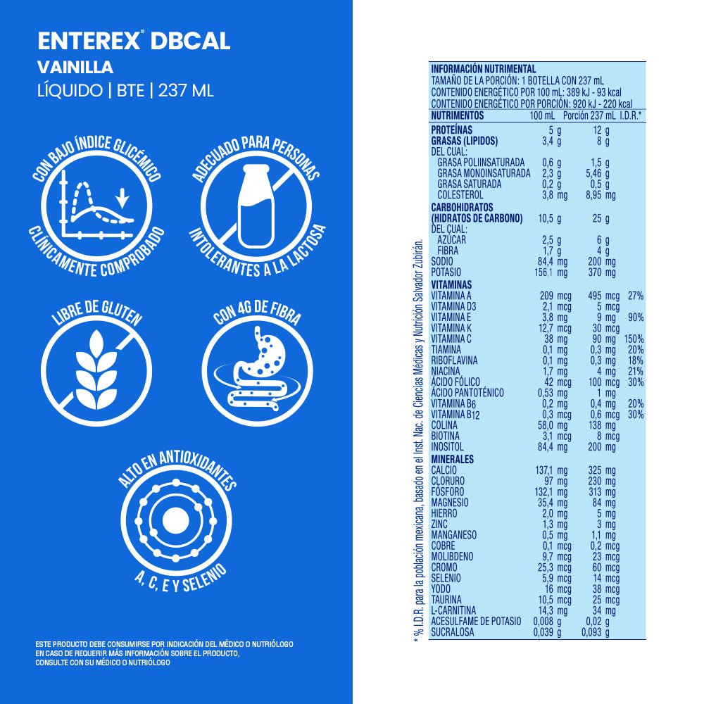 Enterex DBCAL Vainilla Liquido 237ml, caja con 16 botellas