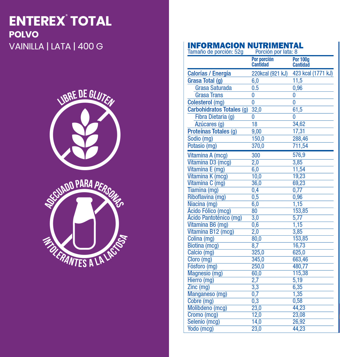 Enterex Total Polvo Vainilla, lata de 400g